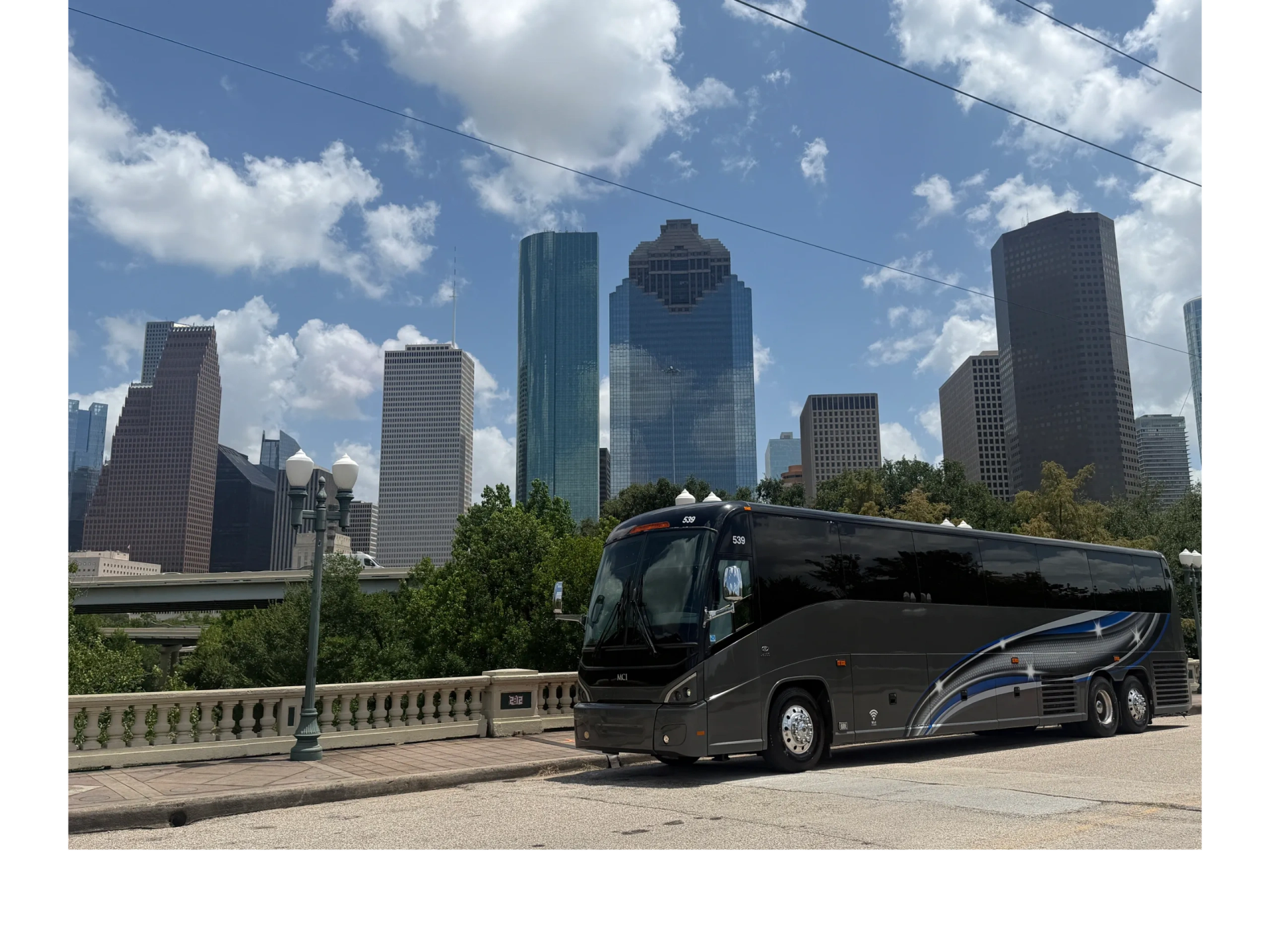 Houston Bus Transportation 56-passenger charter bus in downtown Houston